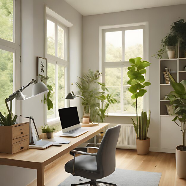 a home office with a desk a laptop a desk a lamp and plants