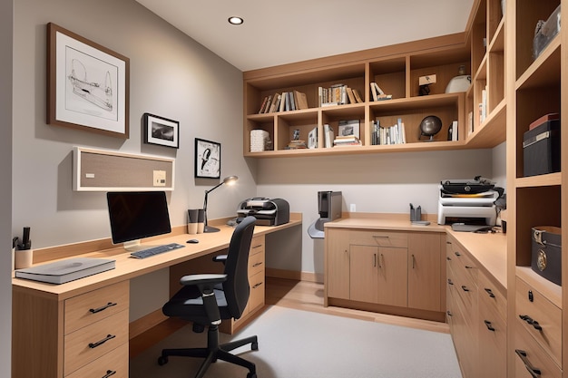 A home office with a desk and a printer