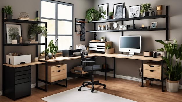 A home office with a desk and a printer.