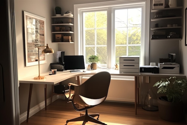 A home office with a desk and a window with a picture of a plant on it.