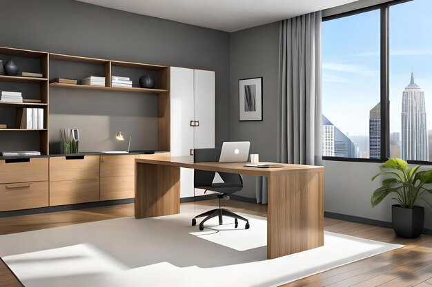 A home office with a desk and a window with a view of a city.