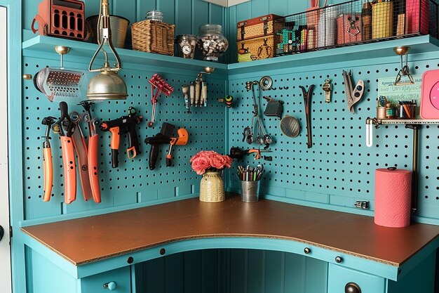 Photo home office with a diy corner desk and pegboard organizer