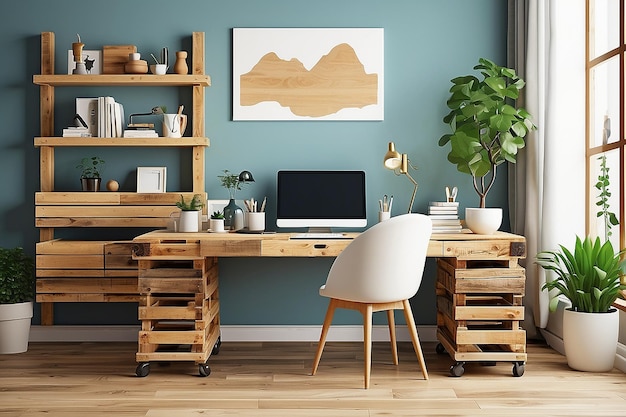 A home office with a DIY pallet desk for a rustic and ecofriendly touchVector illustration in flat style