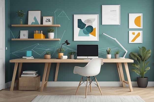 A home office with a floating shelf desk and abstract geometric wall artvector illustration in flat style