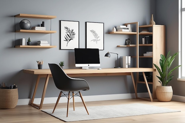 A home office with a floating shelf desk for a minimalist aestheticvector illustration in flat style