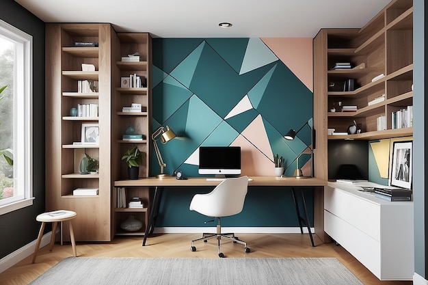 A home office with a foldout desk hidden within a geometric feature wall