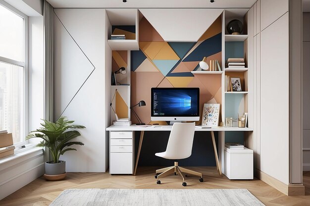 A home office with a foldout desk hidden within a geometric feature wall