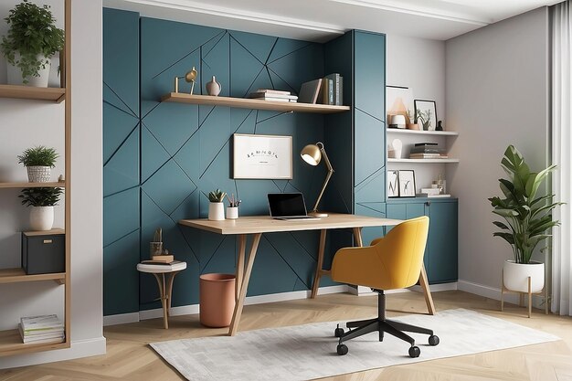 Photo a home office with a foldout desk hidden within a geometric feature wall