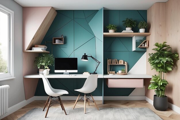 A home office with a foldout desk hidden within a geometric feature wall