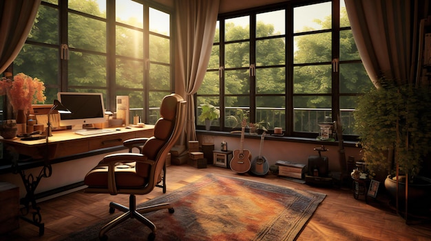 A home office with a guitar on the wall and a desk with a chair in front of it.