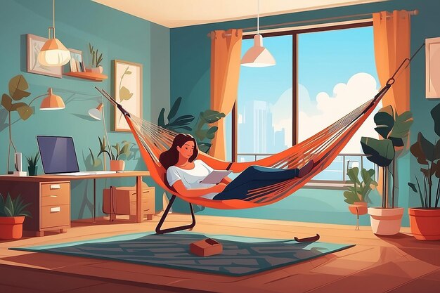 Photo a home office with a hammock for relaxation breaksvector illustration in flat style