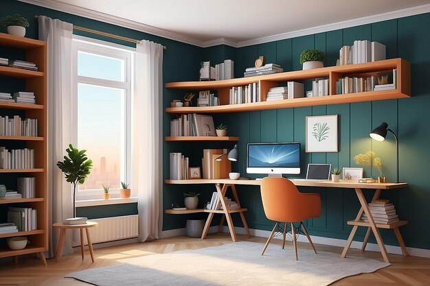 Home Office with Hexagonal Bookshelf