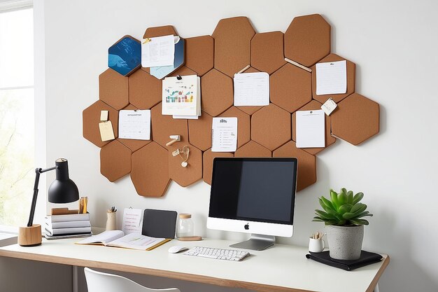 Photo a home office with a hexagonal corkboard for organizing notes and schedules