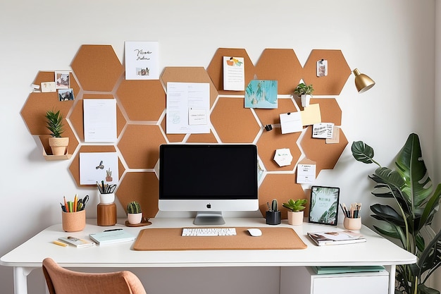 Photo a home office with a hexagonal corkboard for pinning creative ideas