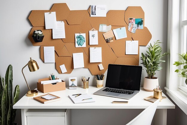 A home office with a hexagonal corkboard for pinning creative ideas