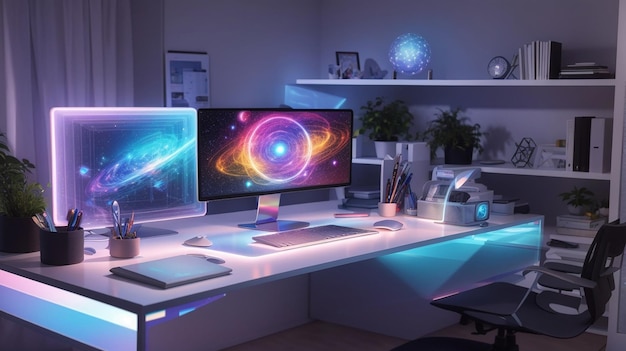 A home office with a holographic desktop computer