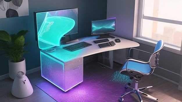 A home office with a holographic desktop computer