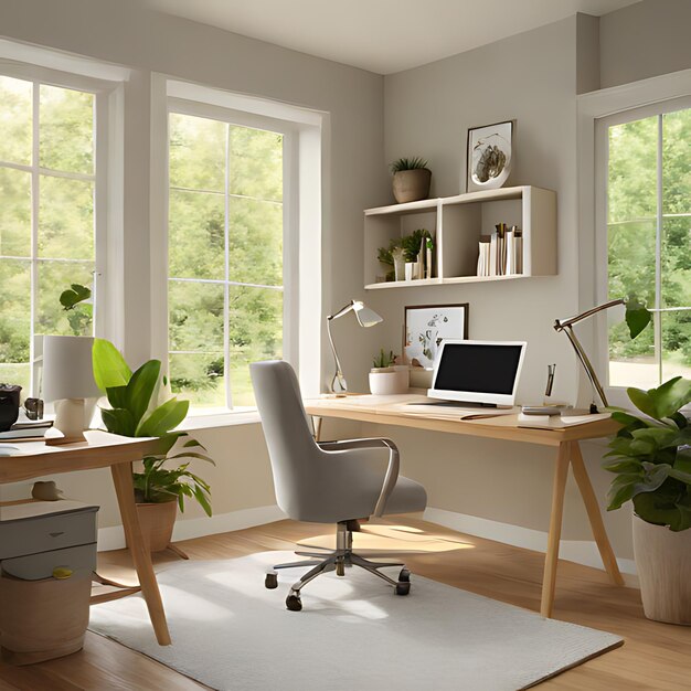 a home office with a laptop and a plant on the desk