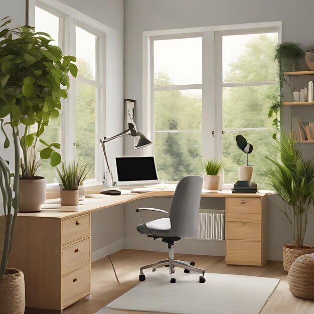 Photo a home office with a laptop and a plant on the desk