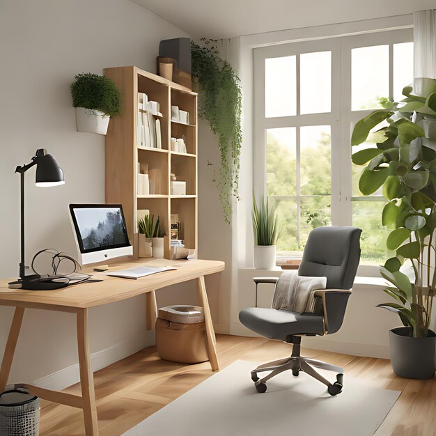 a home office with a laptop and a plant on the table