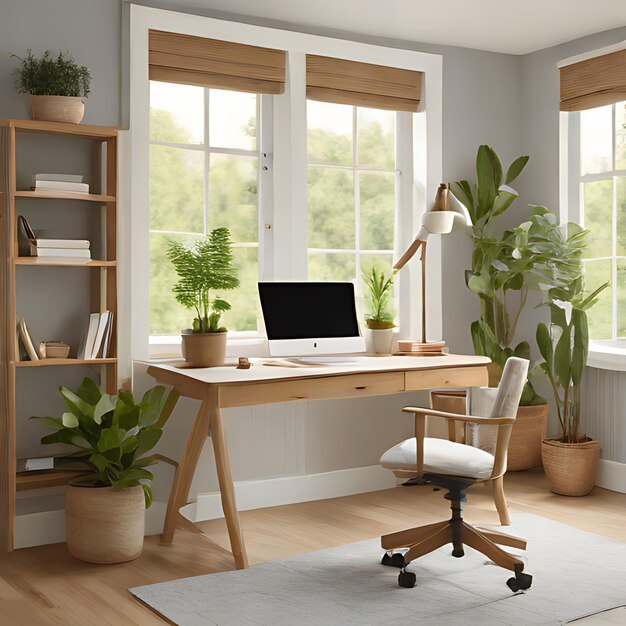 a home office with a laptop and potted plants