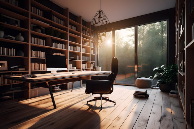 A home office with a large bookcase and a large bookcase with a bookcase in the background.