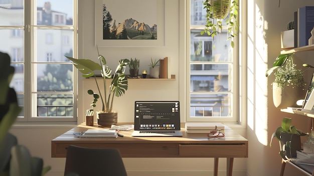 Photo a home office with a large desk a comfortable chair and a beautiful view of the city outside