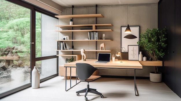 A home office with a large desk and a large window.