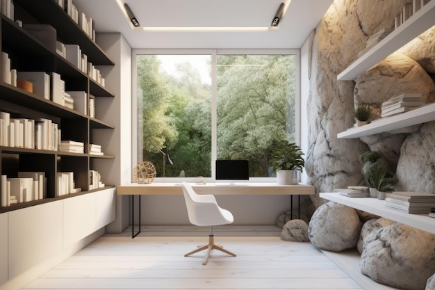 A home office with a large rock wall and a desk with a white chair.