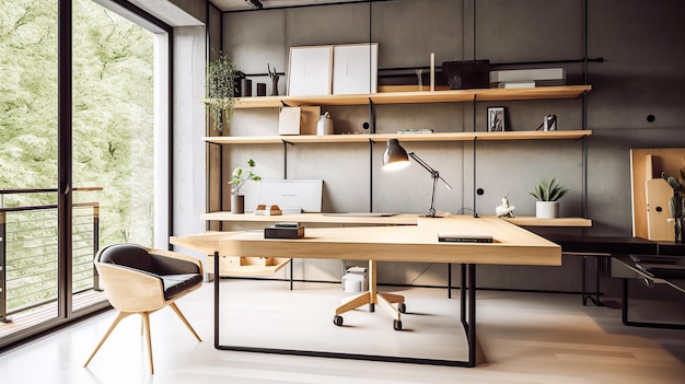 A home office with a large window and a desk with a black chair.