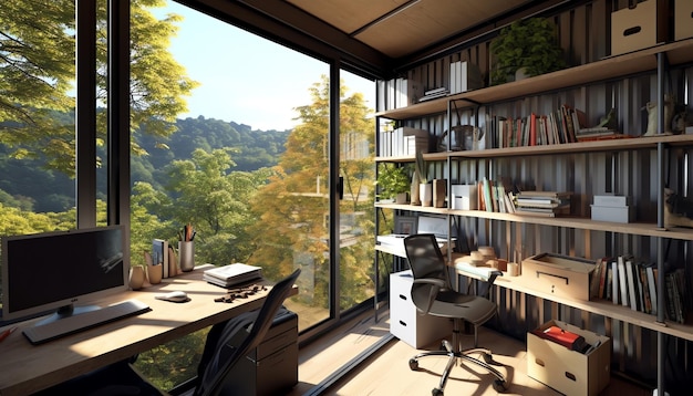 A home office with a large window and a desk with books on it.
