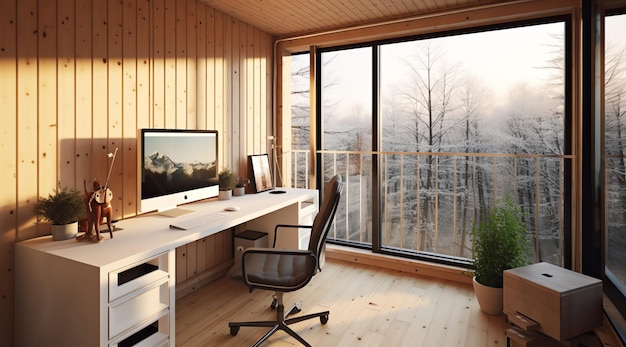 A home office with a large window and a desk with a computer on it.