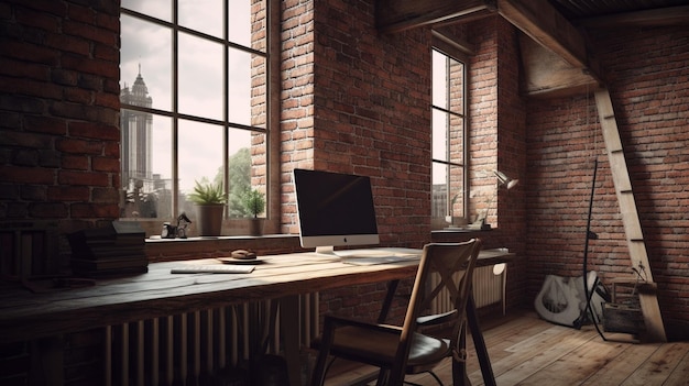 A home office with a large window and a desk with a computer on it.