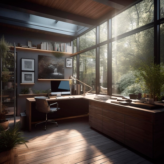 A home office with a large window that has a view of the forest.