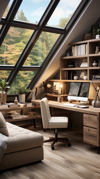 a home office with a large window that has a view of mountains