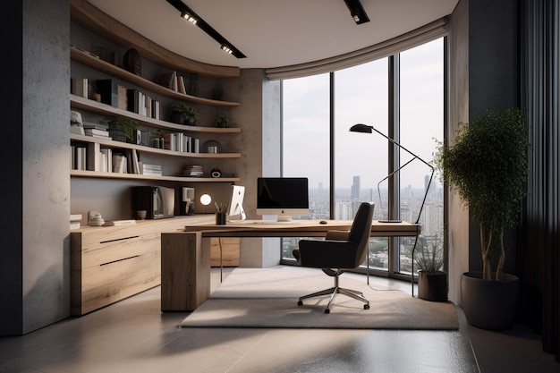 A home office with a large wooden desk and a large window with a view of the city.