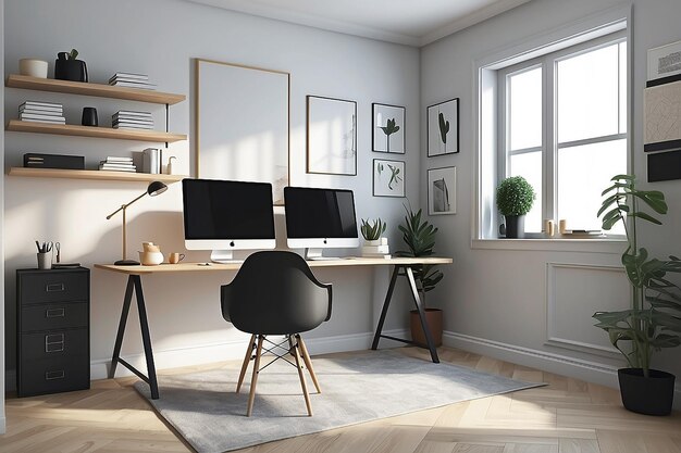 Photo a home office with a minimalist desk and a wall of mirrorsvector illustration in flat style