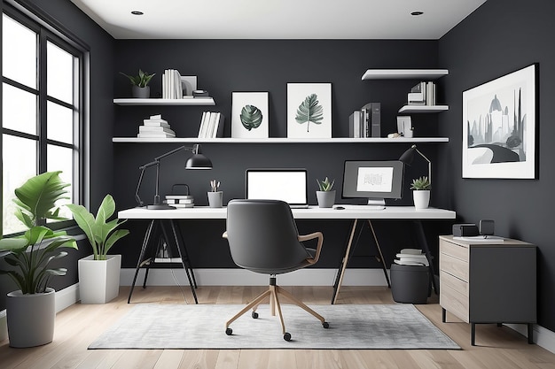 Домашний офис с монохроматической цветовой схемой для сплоченной визуальной векторной иллюстрации в плоском стиле
