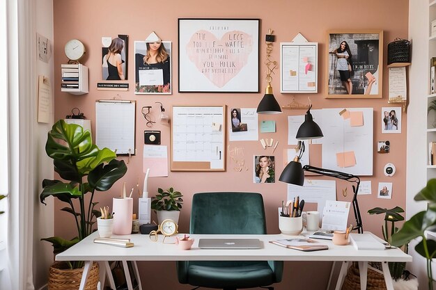 Photo a home office with motivational quotes on the wall and a vision board