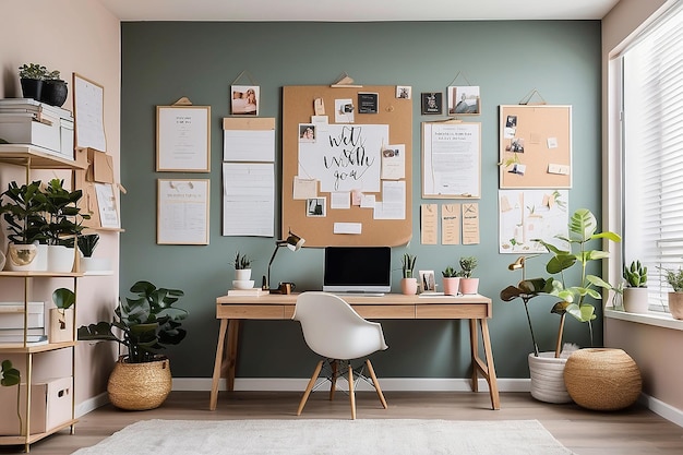 A home office with motivational quotes on the wall and a vision board