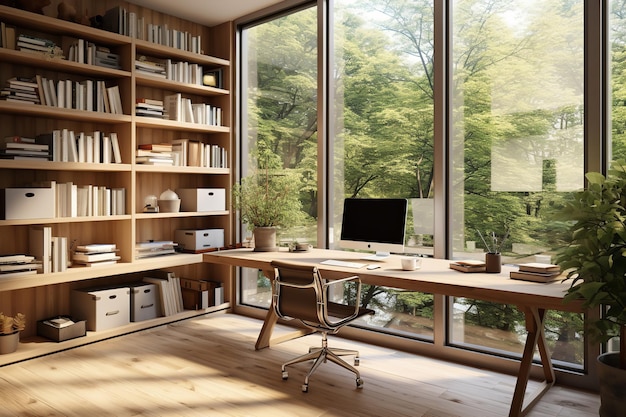 写真 自然光が入るインテリアデザインのホームオフィス