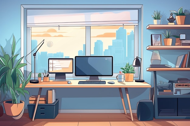 Home office with necessary IT equipment and online communication capabilities The idea of working from home and accessing work remotely Wide view