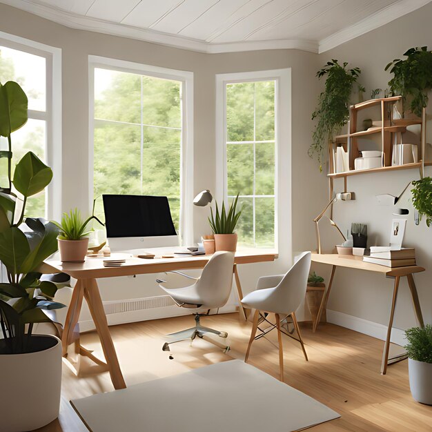 a home office with a plant and a computer on a desk