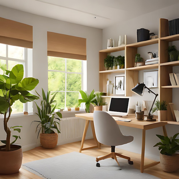 a home office with a plant and a laptop on a desk
