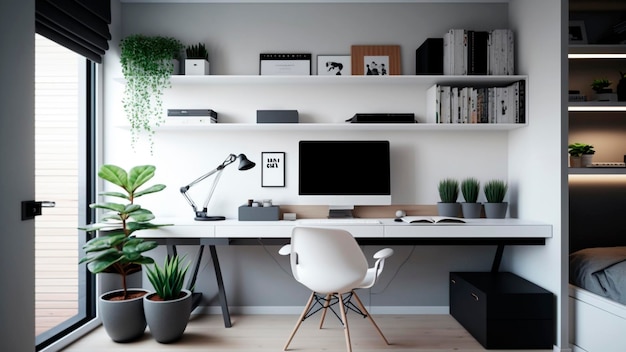 A home office with a plant on the wall and a desk with a sign that says'do not burn '