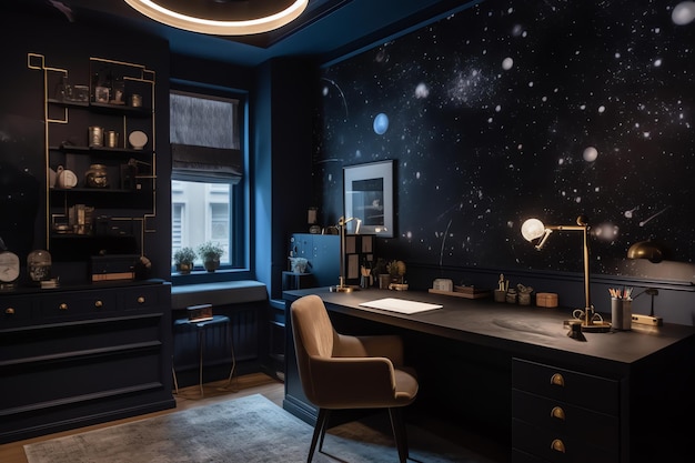 A home office with a playful outer space theme