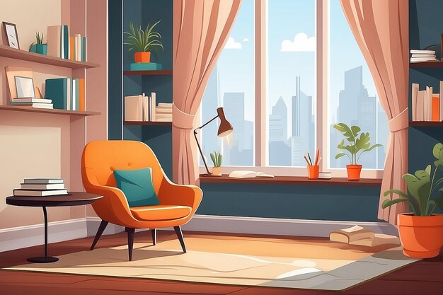 A home office with a reading nook encouraging breaks for leisure readingVector illustration in flat style