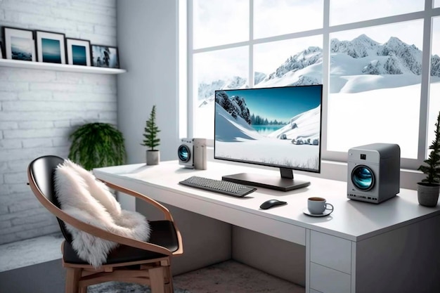 A home office with a snow scene and a desk with a monitor and a snow scene.