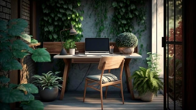 A home office with a table and a laptop on it.