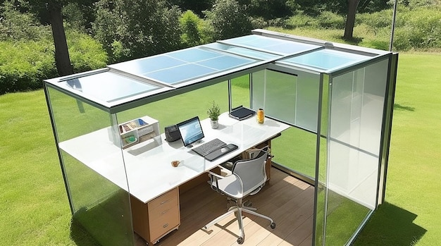 透明な太陽光発電デスクを備えたホームオフィス